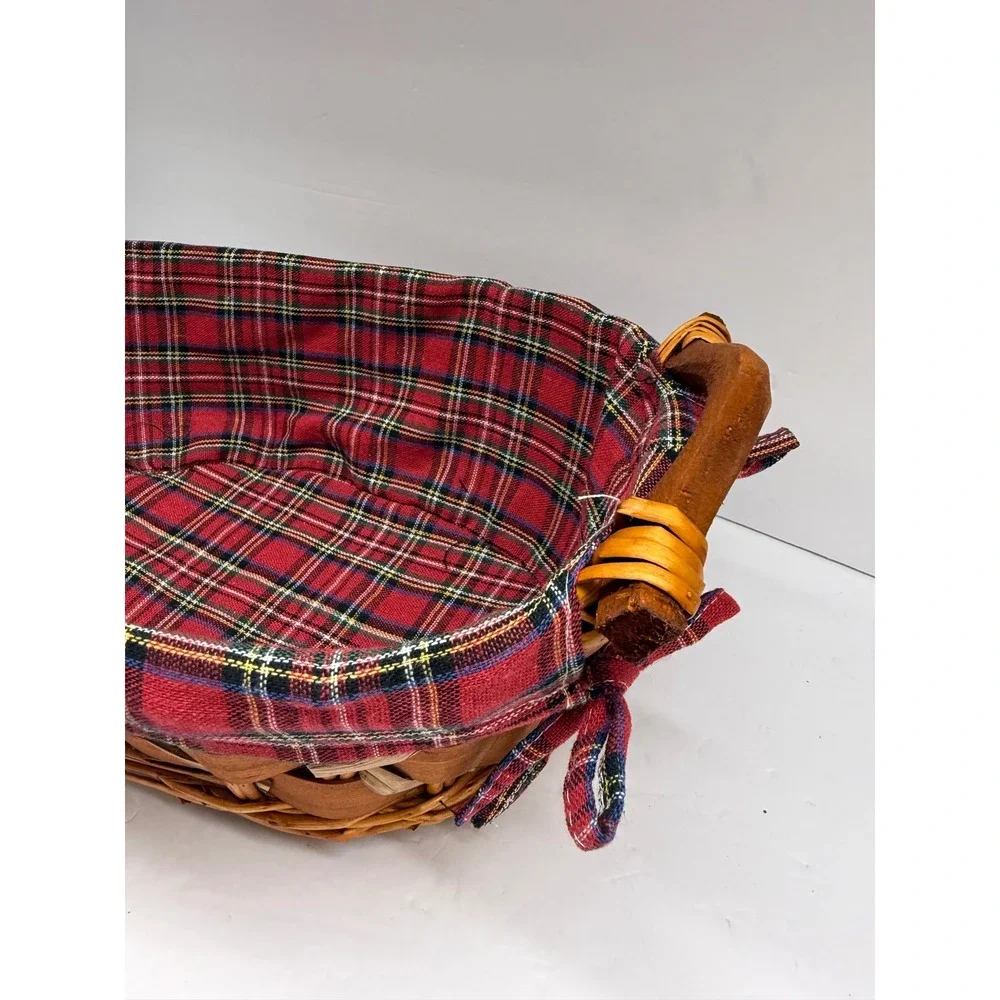 Vintage Wicker Bread Basket with Red Tartan Plaid Liner and Wooden Handles